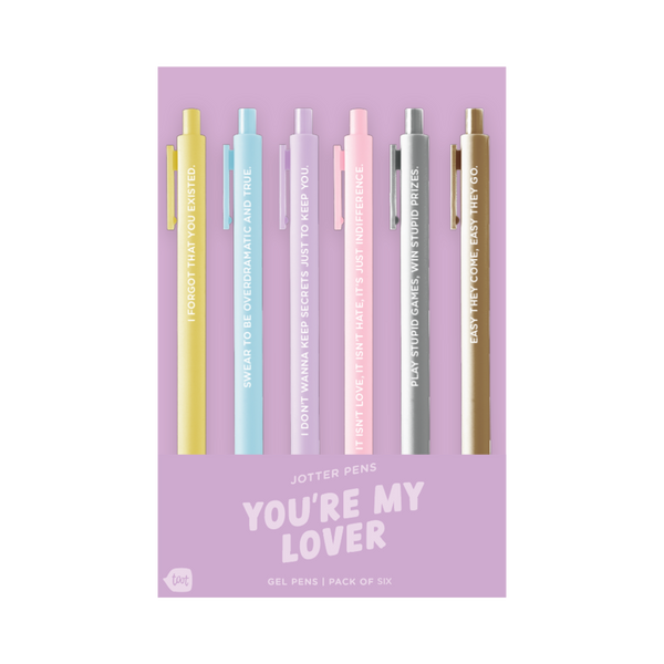 Romantic, dramatic, and just a little savage—this pastel-toned set of six pens brings lyric-worthy mood to every page. With lines like “It isn’t love, it’s just indifference” and “Easy they come, easy they go,” it’s perfect for love notes, burn books, or both.
