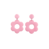 A pair of light pink bold and playful statement earrings in a retro-inspired daisy flower design. The earring has a large, light pink acrylic flower with a circular cutout center, hanging from a matching light pink circular stud. The petals are rounded, giving off a fun, 70's style far out vibe!!
