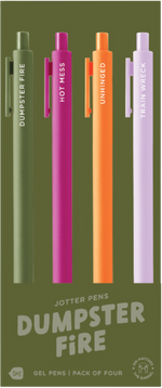 4 Toot Jotter pens in their olive Dumpster Fire toot packaging. Olive jotter says "Dumpster fire", Pink jotter says "hot mess", Orange jotter says "unhinged", lilac jotter says "train wreck" 