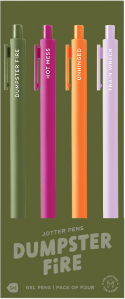 4 Toot Jotter pens in their olive Dumpster Fire toot packaging. Olive jotter says "Dumpster fire", Pink jotter says "hot mess", Orange jotter says "unhinged", lilac jotter says "train wreck" 