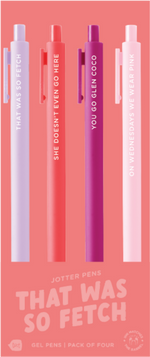 4 Toot Jotter pens in their pink That Was So Fetch toot packaging. Lilac jotter says "That was so fetch", neon coral jotter says "She doesn't even go here", pink jotter says "you go glen coco", blush jotter says "on Wednesday we wear pink"
