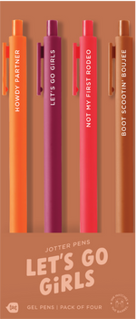 4 Toot Jotter pens in their tan Let's go girls toot packaging. Orange jotter says "Howdy Partner", Sangria jotter says "Let's Go Girls", Neon coral jotter says "Not my first rodeo", sienna jotter says "Boot Scootin' Boujee"