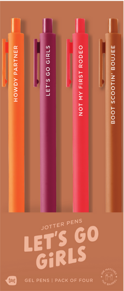4 Toot Jotter pens in their tan Let's go girls toot packaging. Orange jotter says "Howdy Partner", Sangria jotter says "Let's Go Girls", Neon coral jotter says "Not my first rodeo", sienna jotter says "Boot Scootin' Boujee"