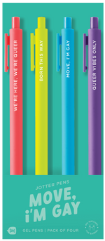 4 Toot Jotter pens in their teal Move I'm Gay toot packaging. Neon Coral jotter says "We're here, we're queer", Citron jotter says "born this way", Bright blue jotter says "move, i'm gay", purple jotter says "queer vibes only"