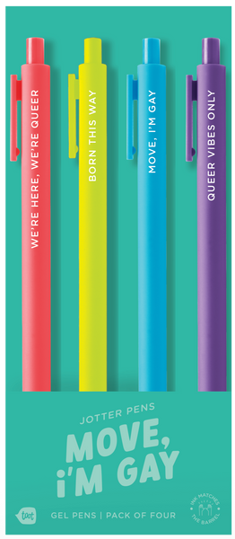 4 Toot Jotter pens in their teal Move I'm Gay toot packaging. Neon Coral jotter says "We're here, we're queer", Citron jotter says "born this way", Bright blue jotter says "move, i'm gay", purple jotter says "queer vibes only"