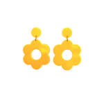 A pair of yellow bold and playful statement earrings in a retro-inspired daisy flower design. The earring has a large, yellow acrylic flower with a circular cutout center, hanging from a matching yellow circular stud. The petals are rounded, giving off a fun, 70's style groovy vibe!!