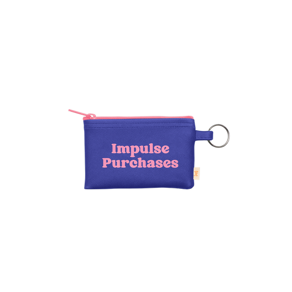A super functional small zippered pouch with a gold key ring. The pouch features a pink zipper with the saying "Impulse Purchases" written in pink. The main color of the pouch is a vibrant purple.