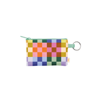 A cute, colorful, small penny key ring with checkered shades of standard pink, blue, green, purple and yellow.