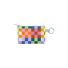 A cute, colorful, small penny key ring with checkered shades of standard pink, blue, green, purple and yellow.