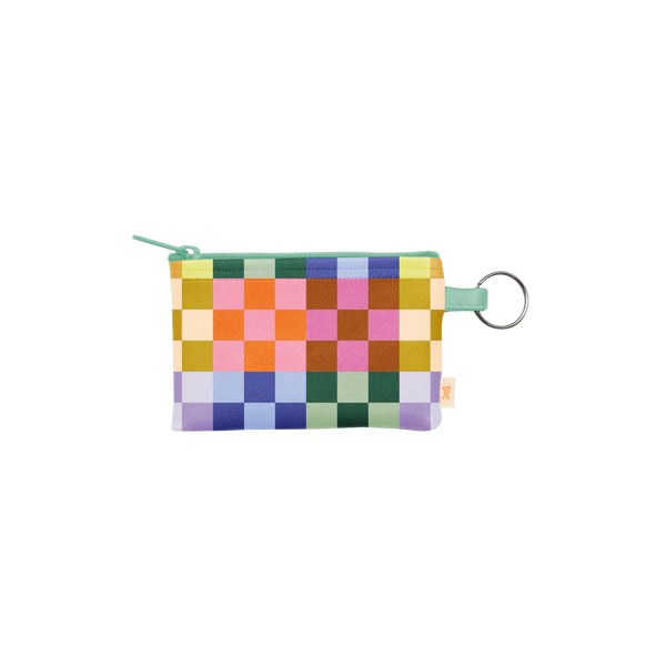 A cute, colorful, small penny key ring with checkered shades of standard pink, blue, green, purple and yellow.