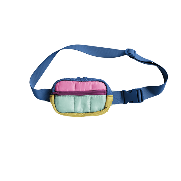 Colorful hip bag with adjustable blue strap, features pink, teal and olive green panels.