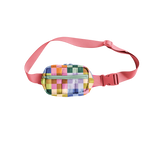 Colorful checkered hip bag with a light pink strap and front pouch zipper.