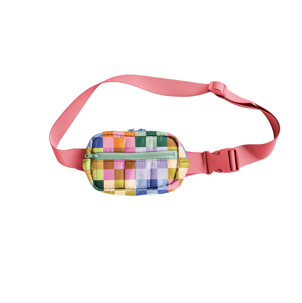 Colorful checkered hip bag with a light pink strap and front pouch zipper.