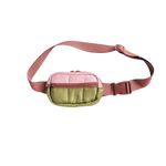 Colorful hip bag with adjustable pink strap, features light pink and olive green panels.