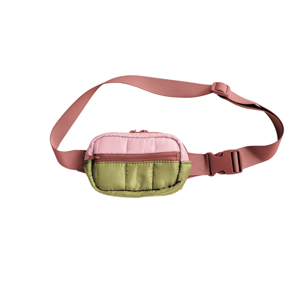 Colorful hip bag with adjustable pink strap, features light pink and olive green panels.