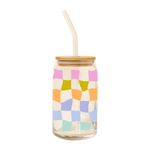 A clear can glass tumbler with lid and a clear straw featuring a retro checkerboard print in pink, green, light blue and light green colors.
