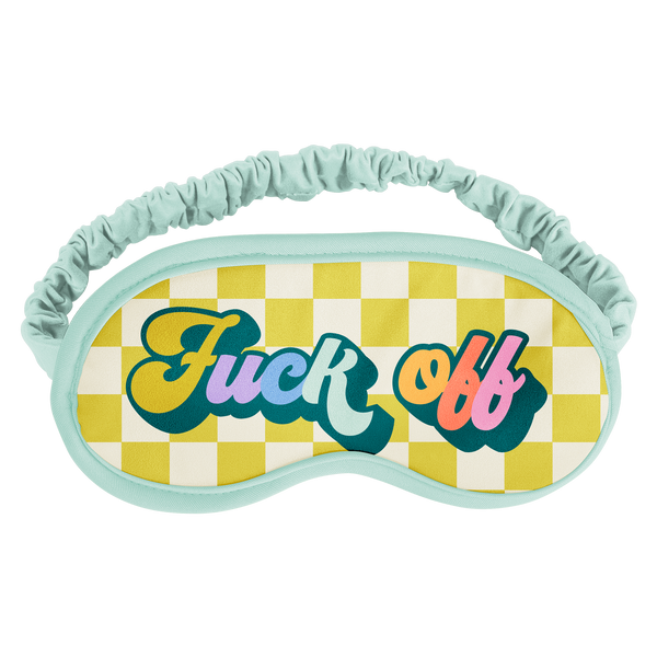 Colorful "fuck off" on sleep mask with white and citron checks with teal around