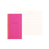 Pink skinny notebook with an orange binder and maroon text with 