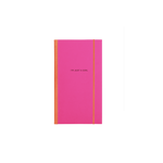 Pink skinny notebook with maroon text with "I'm Just A Girl" on the cover and a orange elastic band and binder.