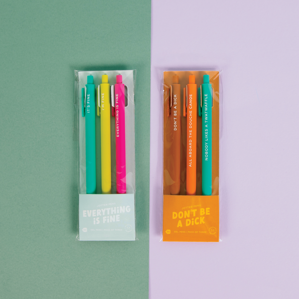 These Jotter Pen 3-Packs are the perfect blend of sarcasm and self-expression, designed for those who like their stationery with a side of attitude. The Everything Is Fine set features three pastel-colored pens labeled “It’s Fine,” “I’m Fine,” and “Everything Is Fine”—ideal for pretending you’ve got it all together while doodling through your mild existential crisis. On the flip side, the Don’t Be a Dick set delivers bold color and even bolder energy with pens that read “Don’t Be a Dick,” “All Aboard the Do