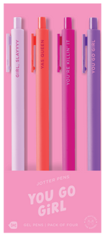 4 Toot Jotter pens in their pink You Go Girl toot packaging. blush jotter says "Girl, Slayyyy", Neon coral jotter says "Yas Queen", Pink jotter says "You're Killin' it", purple jotter says "You Go girl"
