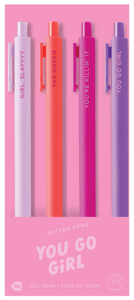 4 Toot Jotter pens in their pink You Go Girl toot packaging. blush jotter says "Girl, Slayyyy", Neon coral jotter says "Yas Queen", Pink jotter says "You're Killin' it", purple jotter says "You Go girl"