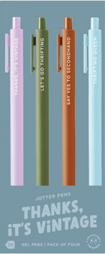 4 Toot Jotter pens in their dusty blue Thanks, It's Vintage toot packaging. Lilac jotter says "Thanks, it's vintage", Olive jotter says "Let's go thrifting", Sienna jotter says "Say yes to secondhand", powder jotter says "thrifting queen"