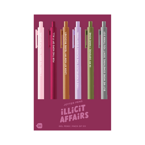 iLLiCiT AFFAIRS – Jotter Gel Pen Set
A bittersweet blend of heartbreak and hindsight. Perfect for chronicling the things you shouldn’t say—but write anyway.