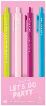 4 Toot Jotter pens in their pink Let's go party toot packaging. Citron jotter says "Did you bring your rollerblades?", Blush jotter says "Hi barbie", Pink jotter says "Ever night is girl's night", bright blue jotter says "I am Kenough"