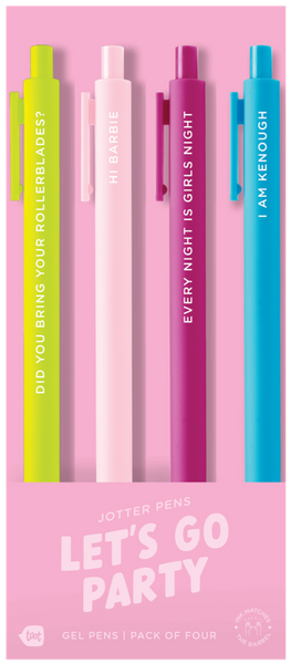 4 Toot Jotter pens in their pink Let's go party toot packaging. Citron jotter says "Did you bring your rollerblades?", Blush jotter says "Hi barbie", Pink jotter says "Ever night is girl's night", bright blue jotter says "I am Kenough"
