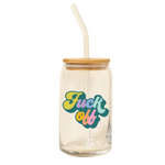 A clear glass tumbler with lid and a clear straw. This tumbler has the words "Fuck off" written in multi colored script with a dark teal outlining the words.