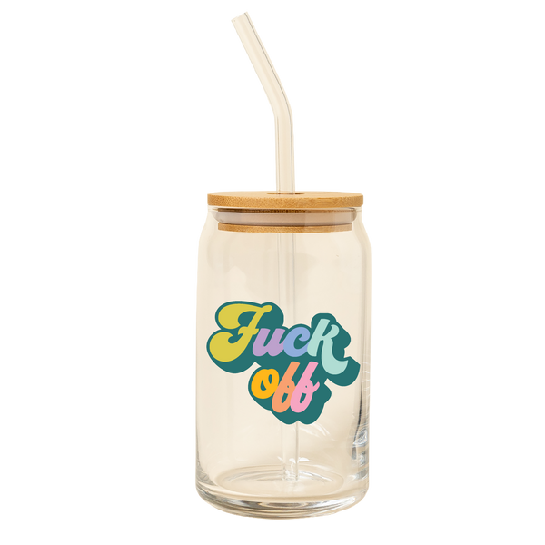 A clear glass tumbler with lid and a clear straw. This tumbler has the words "Fuck off" written in multi colored script with a dark teal outlining the words.