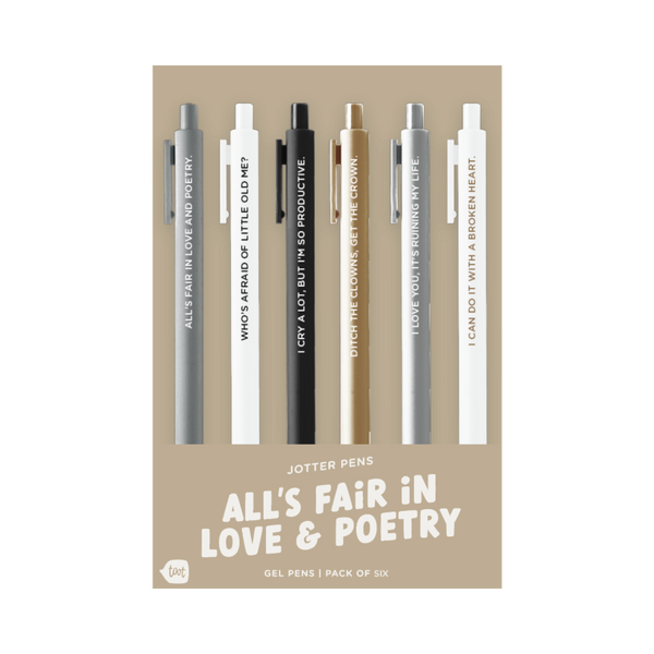 Inspired by moody lyrics and poetic feels, this 6-pen set pairs emotional honesty with smooth gel ink. Featuring quotes like “I cry a lot, but I’m so productive” and “Ditch the clowns, get the crown,” it’s perfect for your journal, planner, or heartbreak playlist notes.