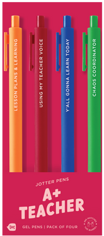 4 Toot Jotter pens in their red A+ Teacher toot packaging. Orange jotter says "lesson plans & learning", red jotter says "using my teacher voice", Royal jotter says "Y'all gonna learn today", Grass green jotter says "chaos coordinator"