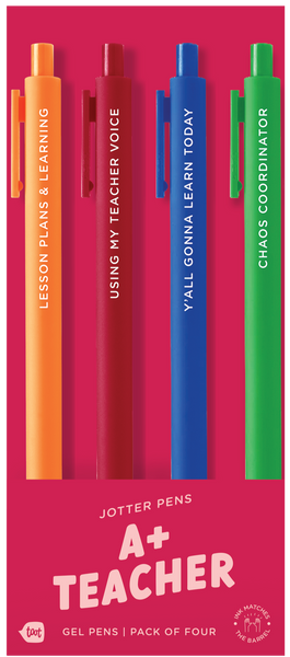 4 Toot Jotter pens in their red A+ Teacher toot packaging. Orange jotter says "lesson plans & learning", red jotter says "using my teacher voice", Royal jotter says "Y'all gonna learn today", Grass green jotter says "chaos coordinator"