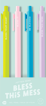 A super cute set of 4 jotters pens in citron, blush pink, light blue, and lilac with saying related to your sassiest inner voice had a stationery baby—charming, cheeky, and full of personality.