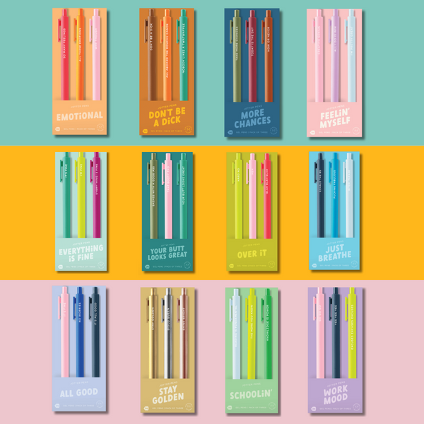 Colorful collection of 12 Toot Jotters gel pen sets, each pack of three featuring playful and expressive quotes like “DON’T BE A DICK,” “JUST BREATHE,” “SCHOOLIN’,” “WORK MOOD,” and more — vibrant jotter pens designed for personality-packed writing with matching ink and barrel colors.