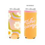 Cute reversible slim can kookie with "Who Cares" on one side in orange and pink trimming and on the other side has a wavy rainbow with orange, periwinkle, and citron stripes and an ombre background with cute fun daisies scattered around.