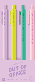A set of pastel cute Jotter pens with  lilac packaging with pens in the colors lilac, citron, teal, and blush pink with sayings related to being out of office.