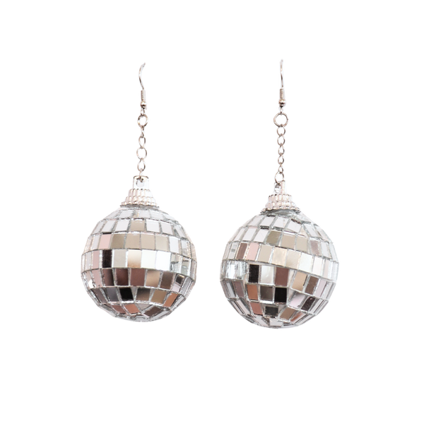 Silver mirrored disco ball hanging earrings. These disco ball earrings are super fun and very lightweight to wear. They make any outfit stand out!