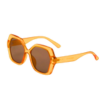 A pair of retro-inspired design, oversized hexagonal sunglasses with dark brown tinted lenses and translucent orange frames and arms.