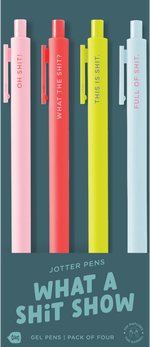 4 colorful cutie Jotter pens in blush pink, neon coral, citron, and powder blue with sayings related to bold, humorous statements likely intended as a cathartic or comedic expression.