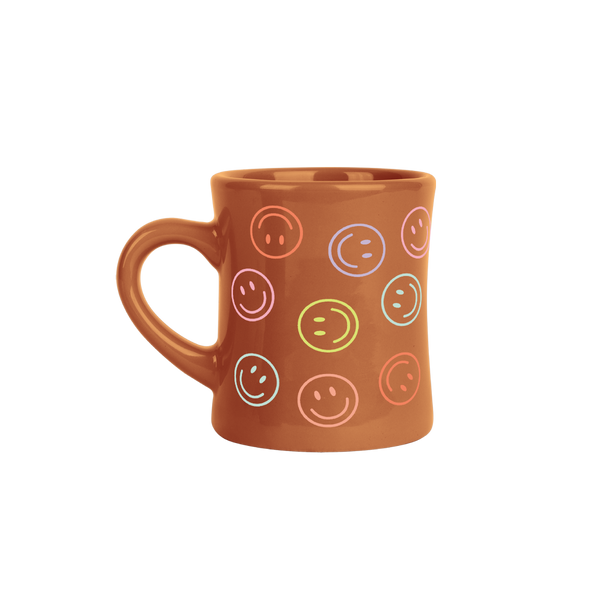 Brown colorful smiley faces around diner mug