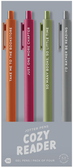 4 Toot Jotter pens in their grey Cozy reader toot packaging. Sienna jotter says "Take me to the bookstore", Sangria jotter says "Just one more chapter", Olive jotter says "so many books, so little time", gray jotter says "I'd rather be reading"
