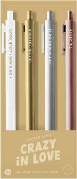 4 Toot Jotter pens in their golden tan Crazy in Love toot packaging. White jotter says "I do's and I love you's", Gold jotter says "Gettin' hitched", Silver jotter says "Put a ring on it", Rose gold jotter says "'til death"