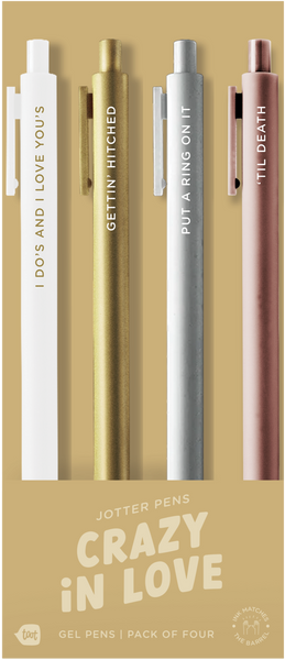 4 Toot Jotter pens in their golden tan Crazy in Love toot packaging. White jotter says "I do's and I love you's", Gold jotter says "Gettin' hitched", Silver jotter says "Put a ring on it", Rose gold jotter says "'til death"