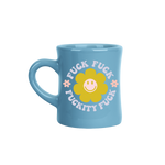 Blue ceramic diner coffee mug with a bold retro design featuring the phrase “Fuck Fuck Fuckity Fuck” surrounding a yellow smiley flower graphic, ideal for gifting or quirky home office desk decor.