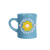 Blue ceramic diner coffee mug with a bold retro design featuring the phrase “Fuck Fuck Fuckity Fuck” surrounding a yellow smiley flower graphic, ideal for gifting or quirky home office desk decor.