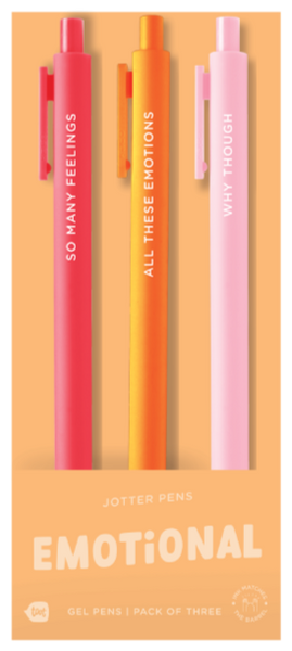 "Emotional" jotter pens — a bright 3-pack of gel pens featuring phrases like “SO MANY FEELINGS,” “ALL THESE EMOTIONS,” and “WHY THOUGH,” in red, orange, and light pink barrels with matching ink.