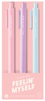 "Feelin’ Myself" jotter pens — pastel-themed 3-pack of gel pens featuring empowering phrases like “CREATIVE GENIUS,” “ALL I DO IS WIN,” and “I’M PRETTY GREAT,” in pink, lavender, and light blue barrels.